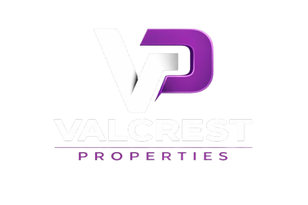 ValCrest Properties logo featuring stylized "VP" in white and purple, representing a commercial real estate firm focused on brokerage, management, financing, and construction solutions.