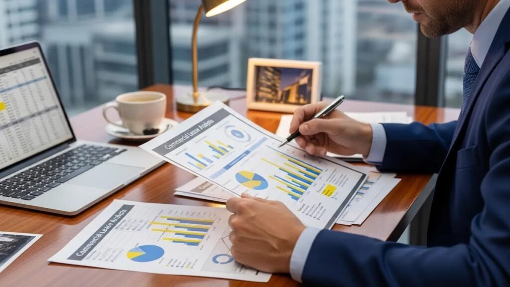 Business professional analyzing financial documents and charts in a modern office, emphasizing leasing financial implications and operational efficiency.