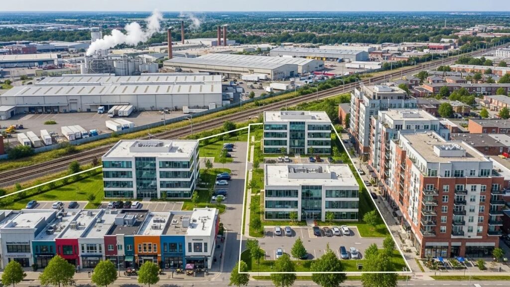 Diverse commercial properties in Metro Detroit showcasing mixed-use developments and industrial zones, highlighting zoning classifications and their implications for land use regulations.