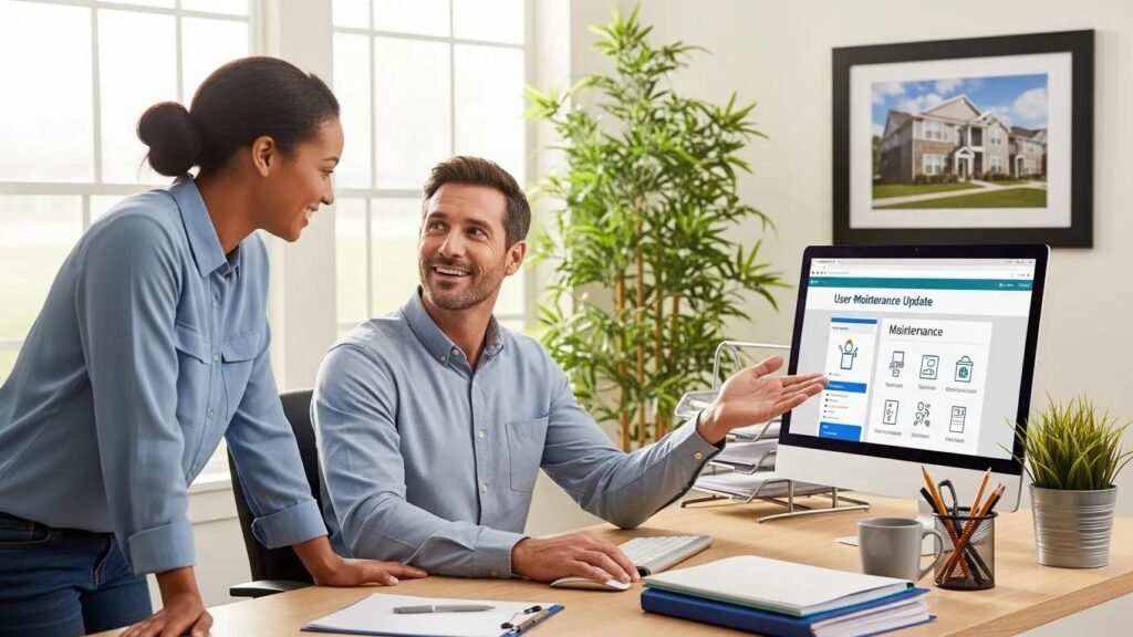Happy tenant and property manager discussing maintenance strategies in a well-maintained office environment, emphasizing tenant satisfaction and property management best practices.