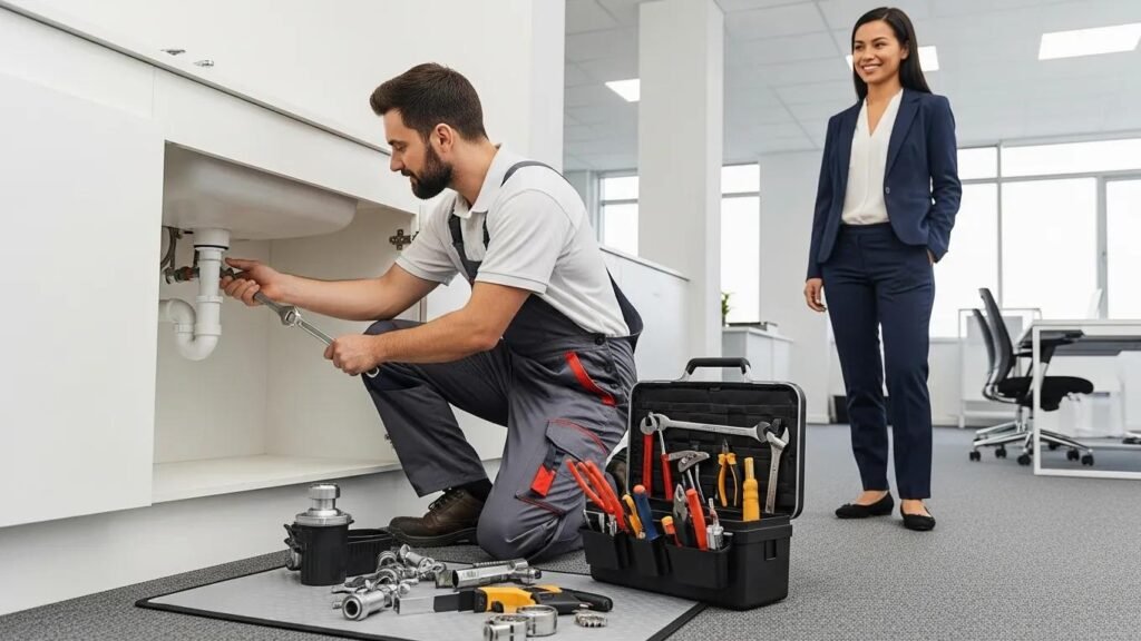 Maintenance technician repairing plumbing in commercial office space, with tools visible in a toolbox, while a professional woman observes, highlighting the importance of maintenance coordination for tenant satisfaction.