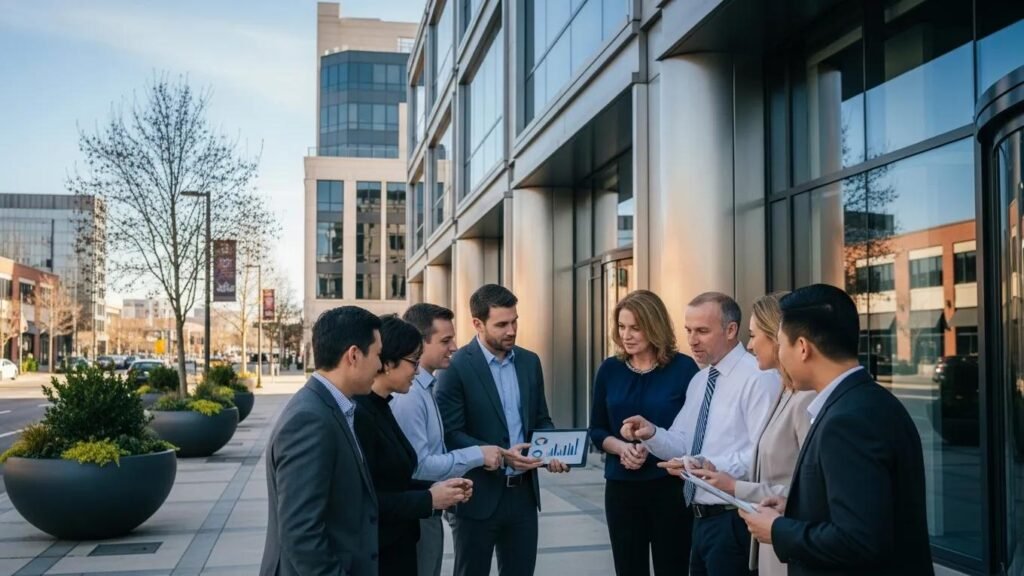 Modern commercial property with professionals discussing investment strategies