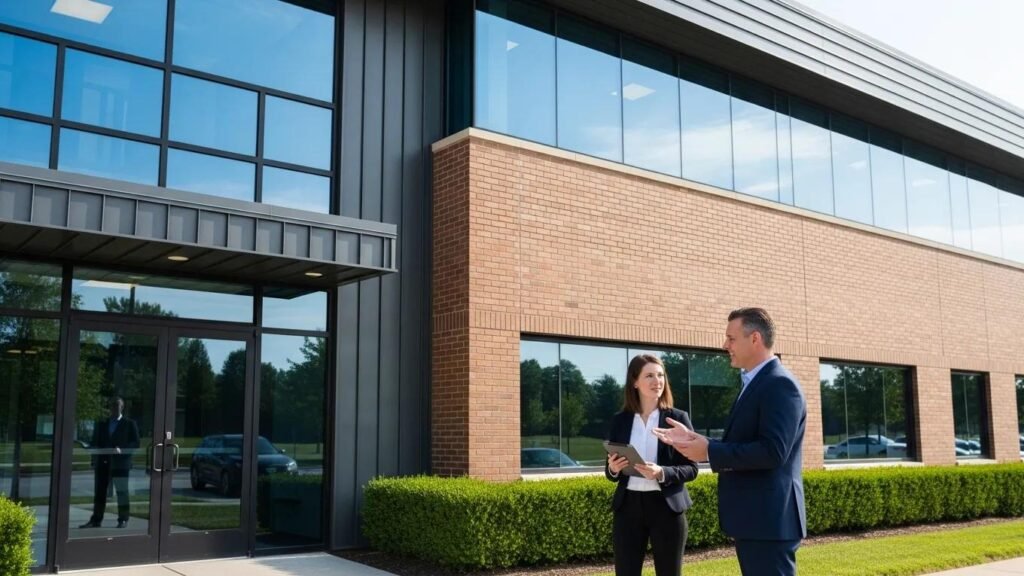 Professional property manager engaging with tenants in a commercial real estate setting in Troy