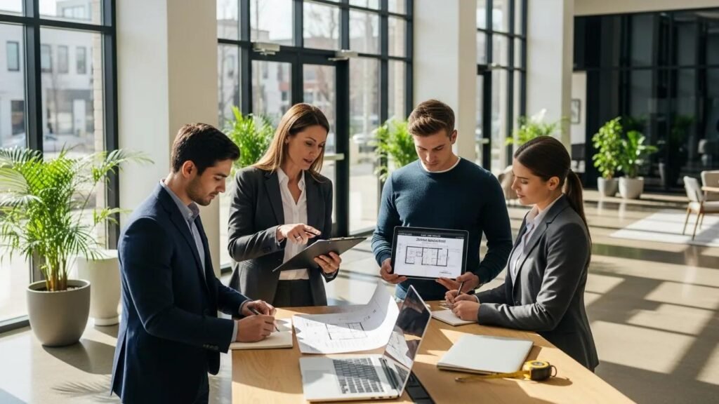 Property management team discussing commercial property plans and zoning compliance, reviewing documents and blueprints in a modern office setting.