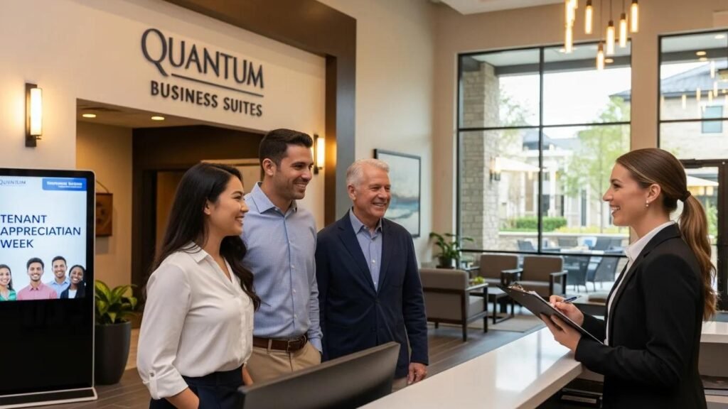 Property manager engaging with satisfied tenants in a modern commercial lobby, highlighting tenant appreciation and effective property management practices at Quantum Business Suites.