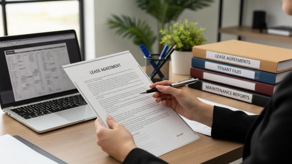 Professional reviewing lease agreement in commercial property management office, with laptop displaying financial data and organized files labeled "Lease Agreements," "Tenant Files," and "Maintenance Reports."