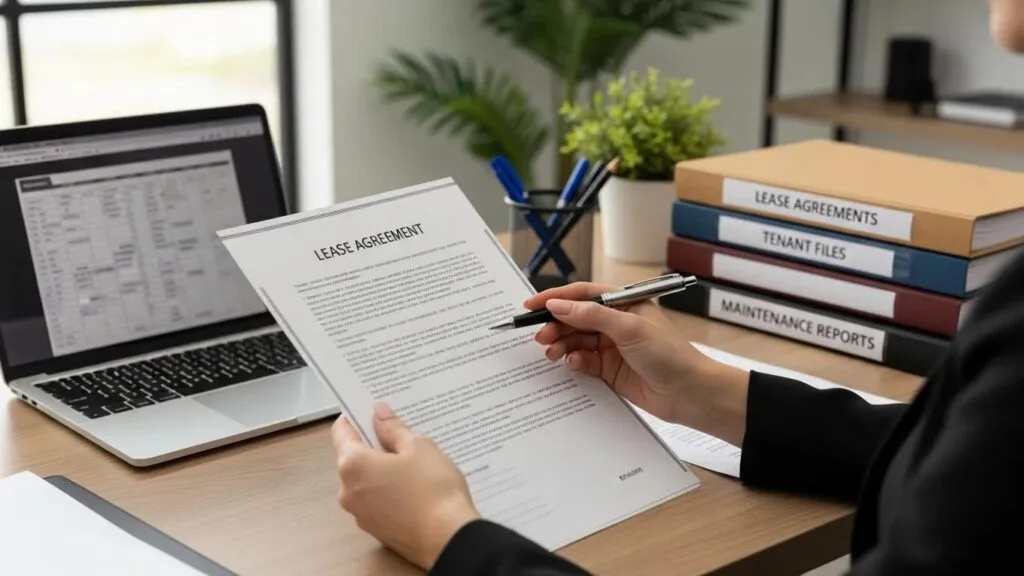 Property manager reviewing lease agreements to enhance commercial property efficiency