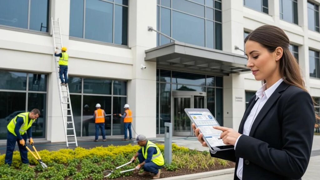 Property manager reviewing maintenance schedule on tablet with staff performing exterior maintenance tasks, including landscaping and window cleaning, at a commercial building in Troy, Michigan.