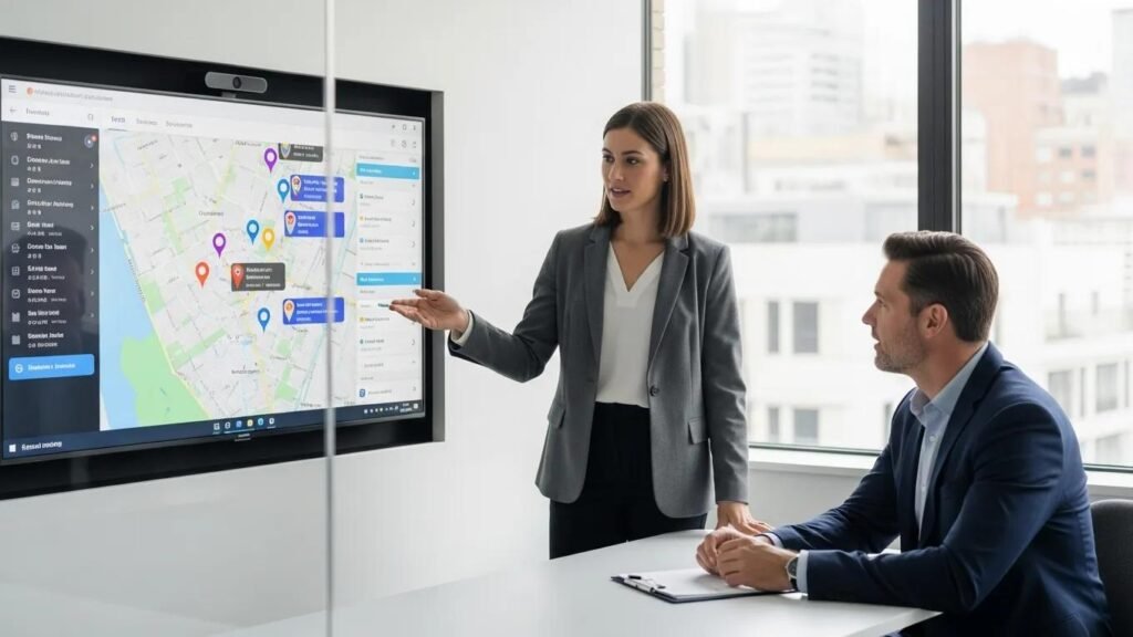 Real estate broker presenting market analysis on a digital display to a client in a modern office setting, emphasizing strategic insights for commercial property investment.