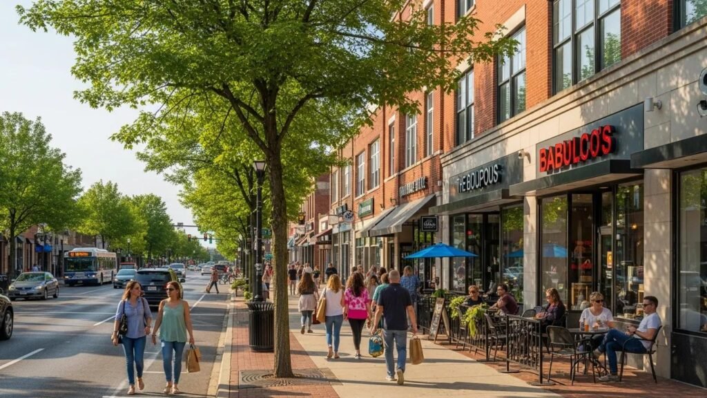 Vibrant commercial street in Troy, Michigan, showcasing foot traffic, local businesses, and outdoor dining, highlighting market dynamics and community engagement.