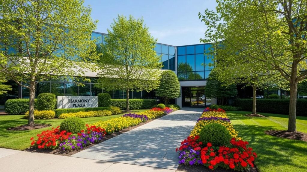 Well-maintained commercial property exterior with lush landscaping and clean walkways