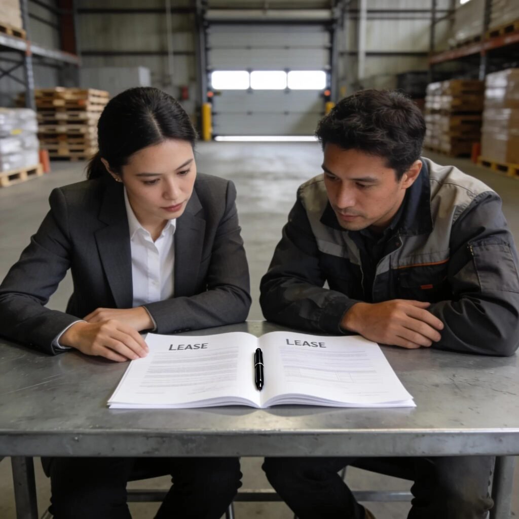 Businessmen negotiating warehouse lease agreements in an industrial setting