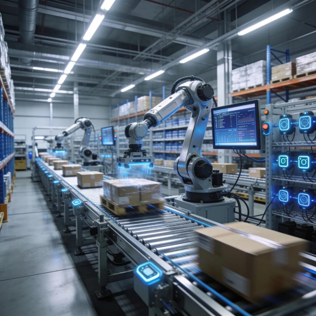 Technologically advanced industrial warehouse showcasing modern logistics trends