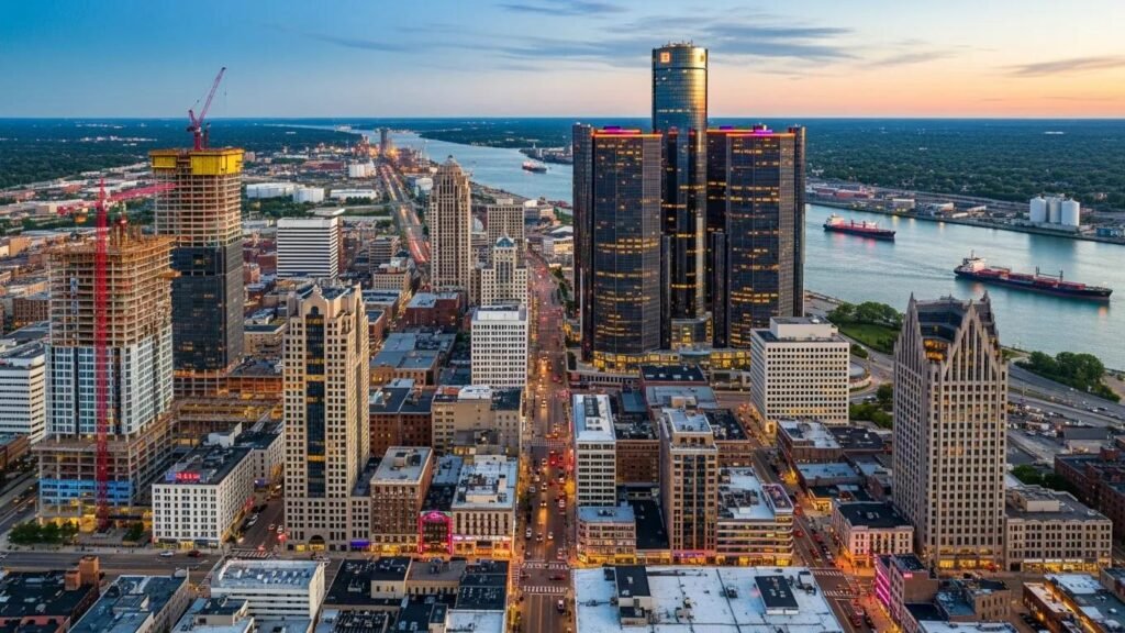 Aerial view of Metro Detroit highlighting active commercial districts and growth corridors
