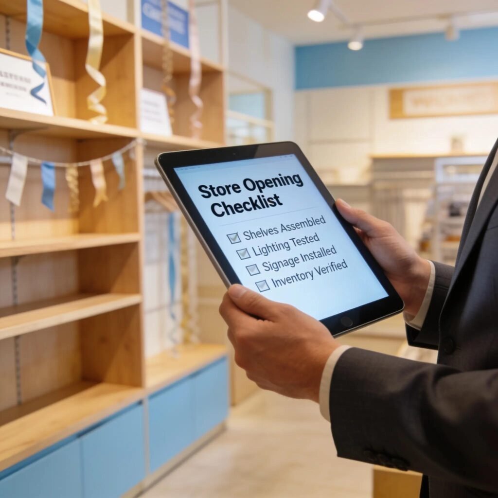 Retail manager examining a store opening checklist in a well-designed retail space ready for launch