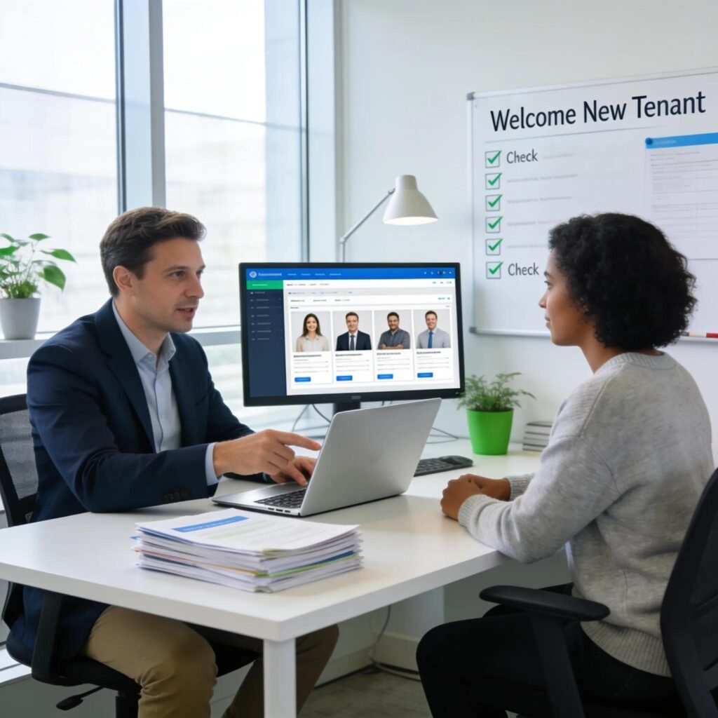 Landlord showing property management software features to a new tenant in a modern office environment