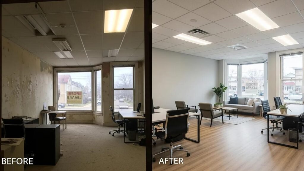 Before and after renovation of a Metro Detroit commercial office showing tenant improvements and upgraded finishes