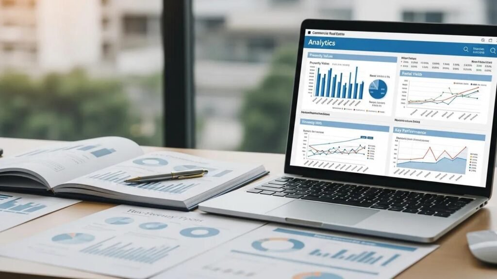 Workspace with financial reports and analytics used to evaluate real estate investments