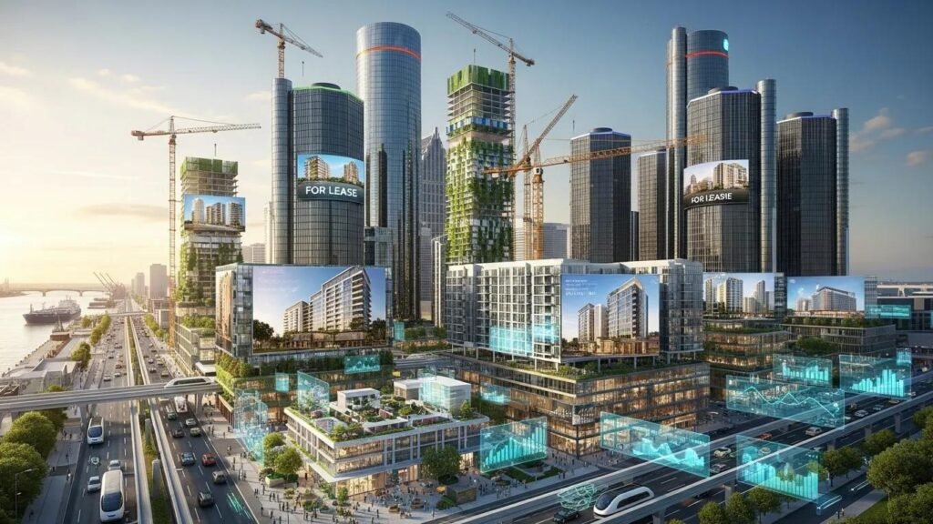 Futuristic view of Metro Detroit development emphasizing sustainability and future trends