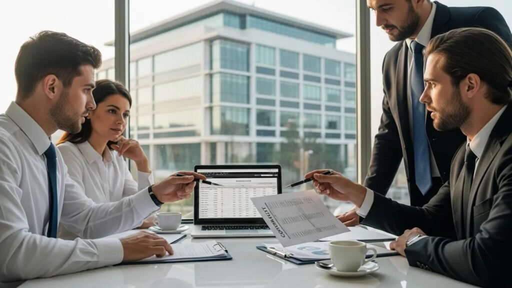 A property management team reviewing contract fee structures with a commercial building in the background.