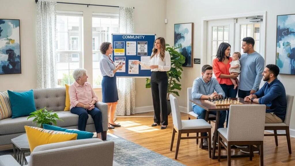 Property manager interacting with residents at a well-maintained multifamily property