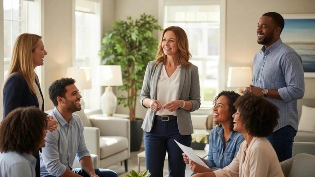 A property manager speaking with satisfied tenants in a welcoming lobby, illustrating strong tenant relations.