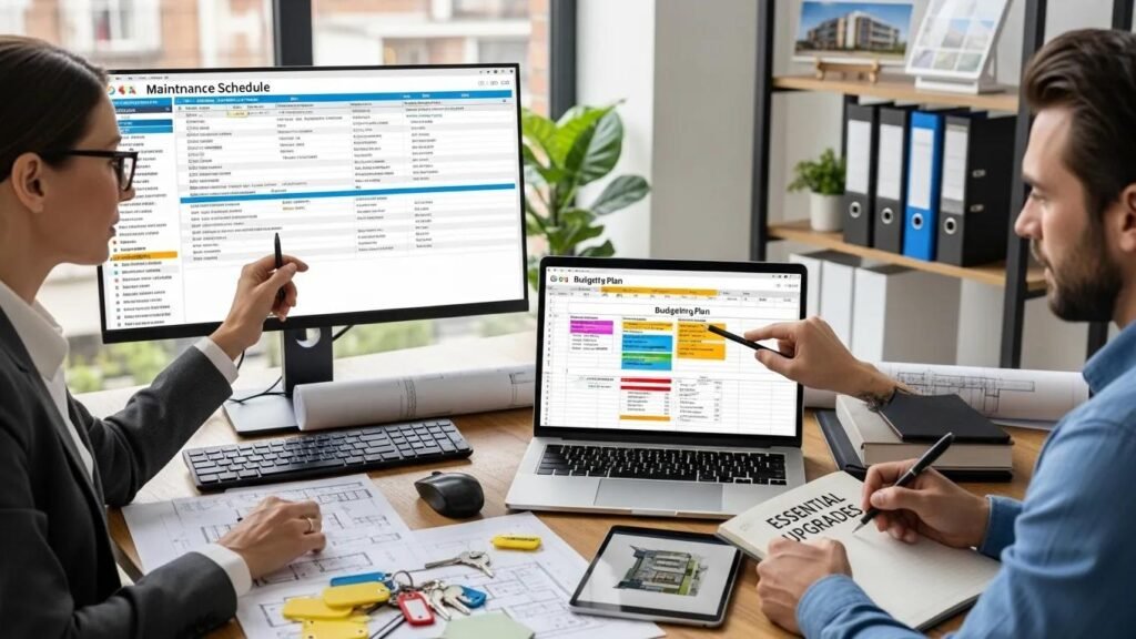 Property manager reviewing budget plans for maintenance and value-enhancing upgrades