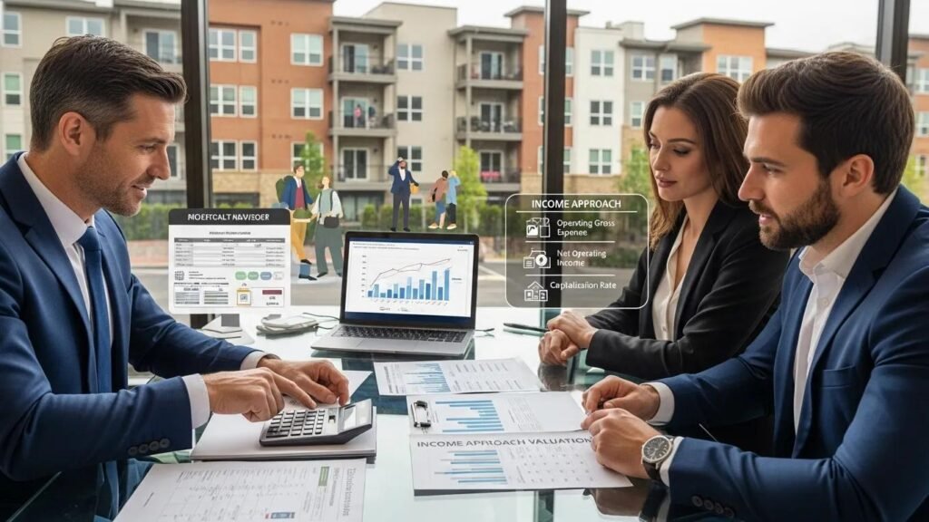 Advisor reviewing income projections and lease data with clients