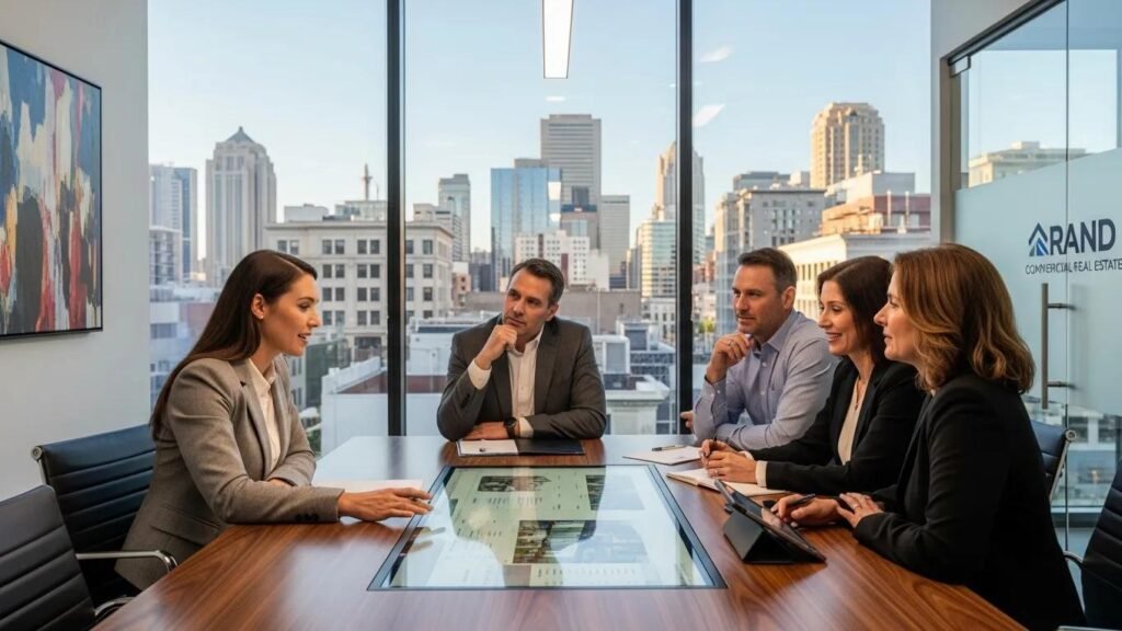 Broker and client reviewing leasing options and market data