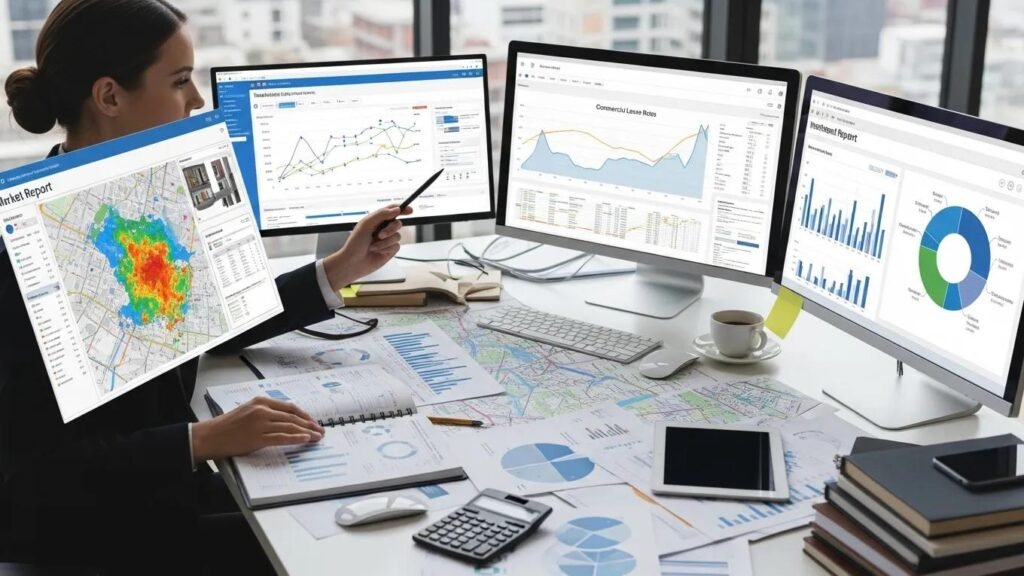 Real estate professional in Metro Detroit reviewing market reports and digital analytics
