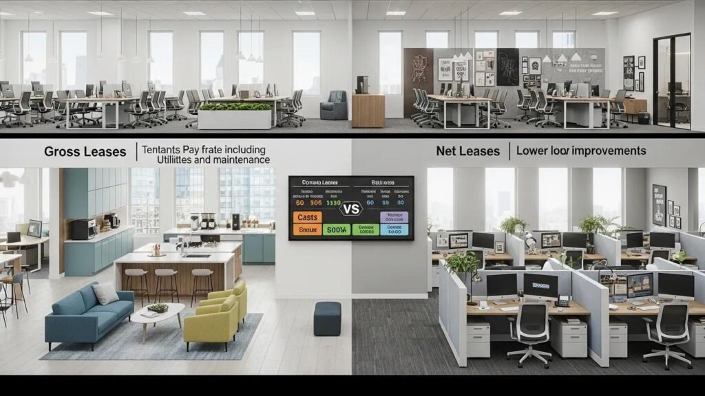 Illustration of commercial lease types in an office setting, highlighting tenant improvements and cost drivers