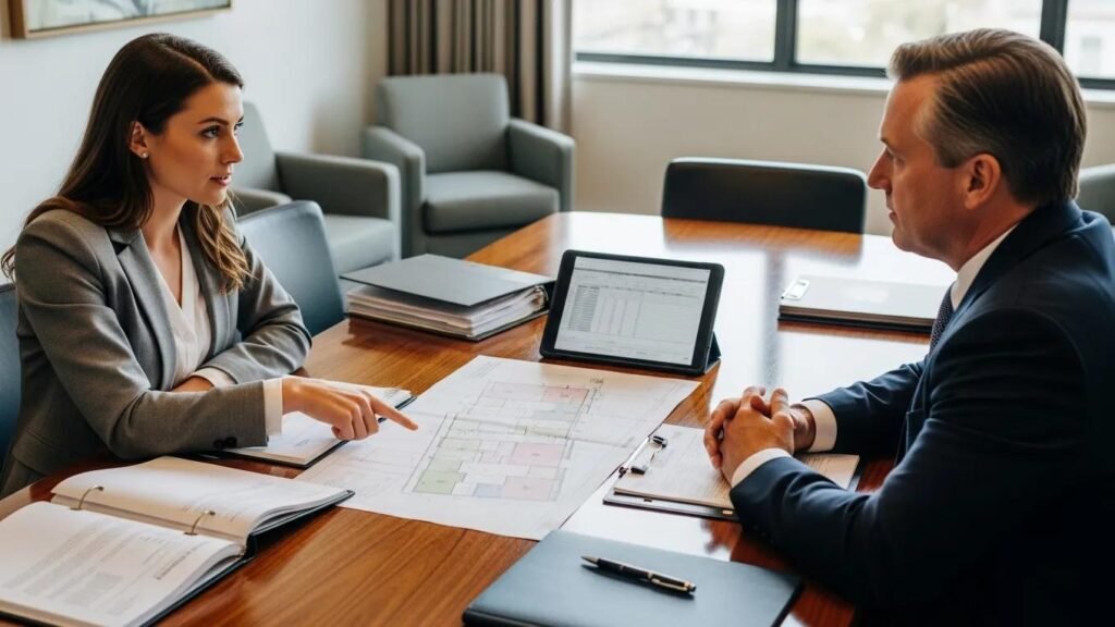 Tenant representative and landlord negotiating lease terms in a conference room