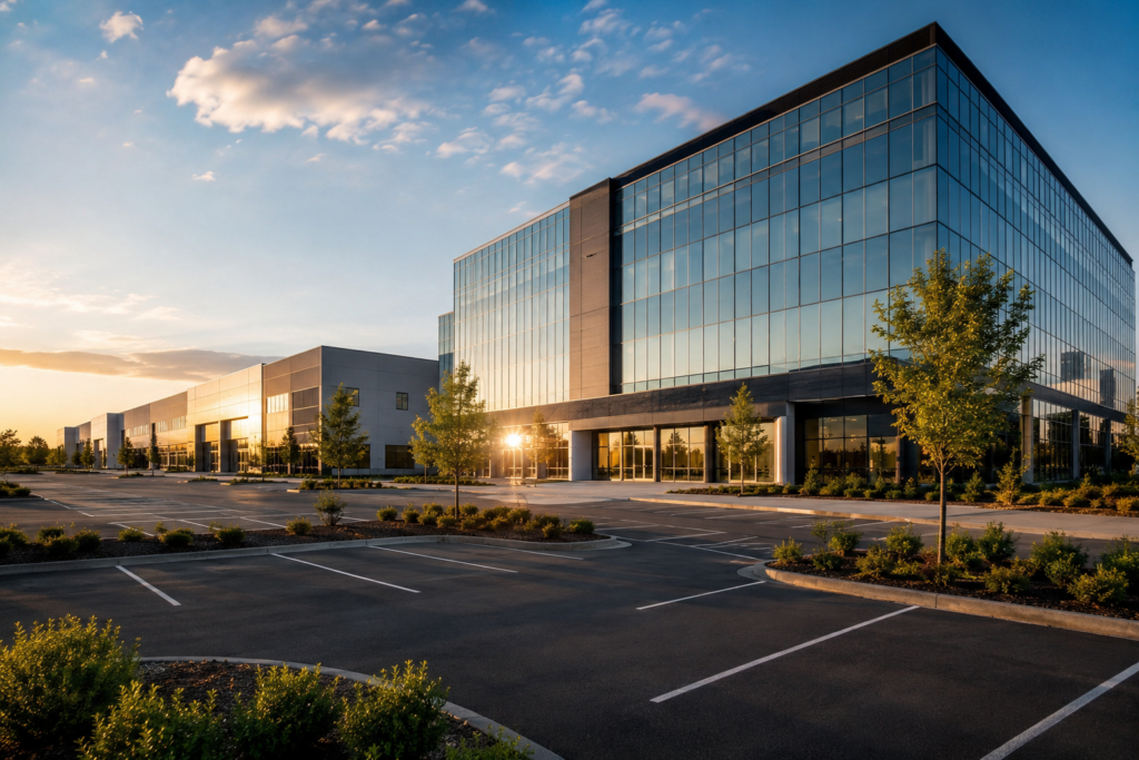 Commercial building exterior in parking lot at sunrise