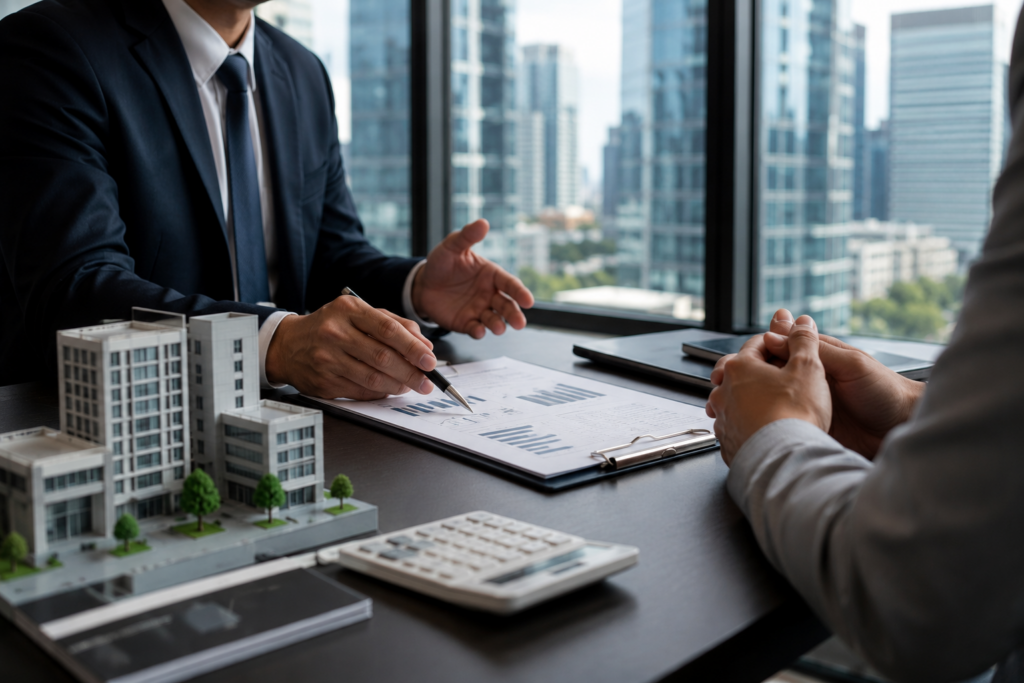 Investors reviewing lease agreement and calculator at desk