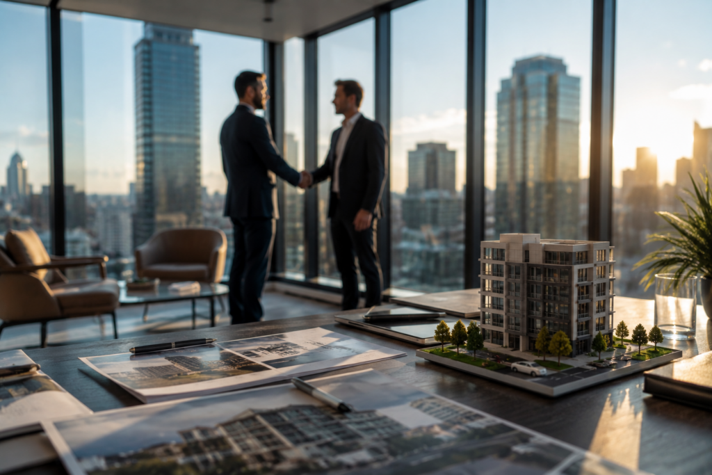Two businessmen shaking hands in downtown high-rise office