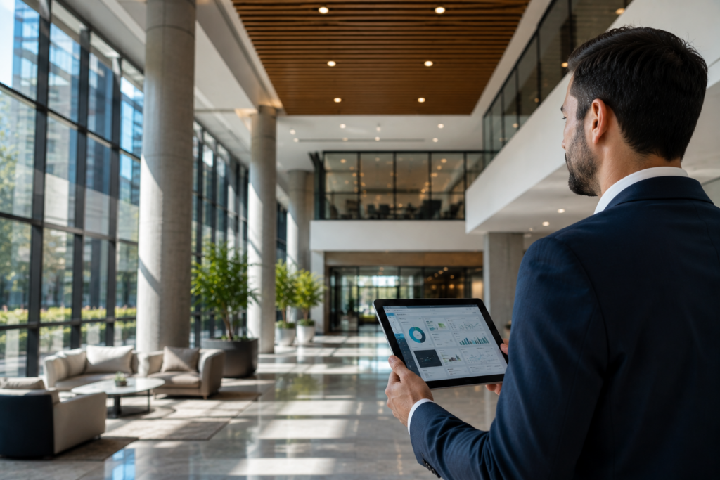 Modern lobby entrance inside multifamily residential building