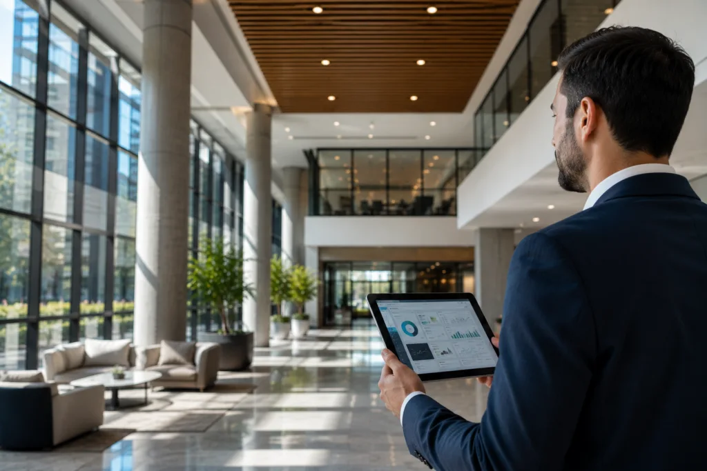 Modern lobby entrance inside multifamily residential building