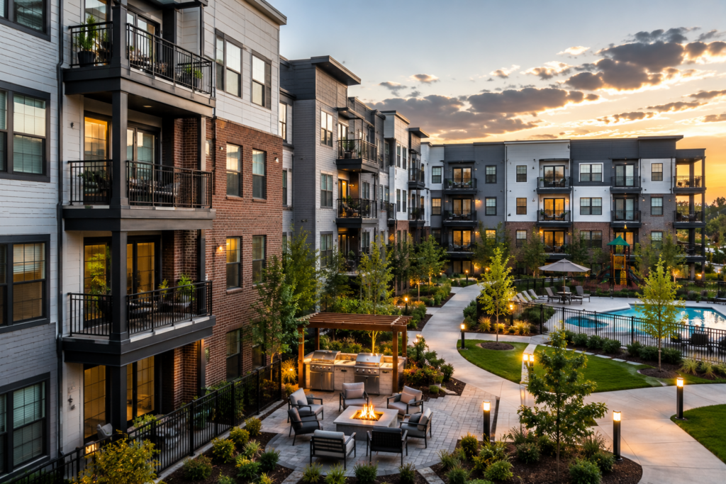 Twilight courtyard with seating area at apartment community