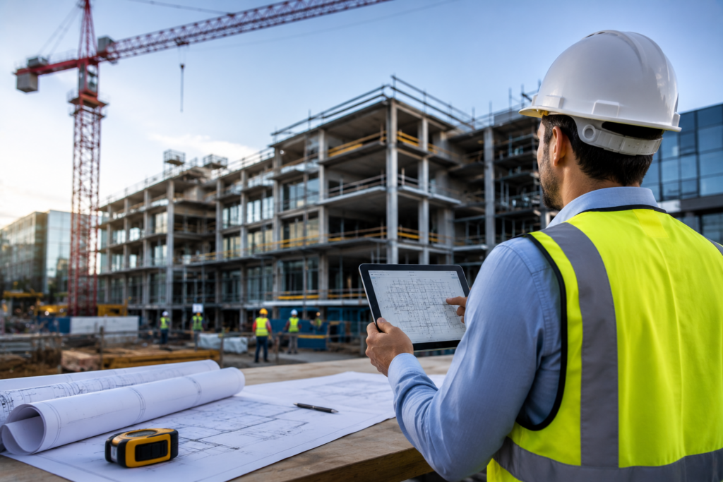 Construction worker in hard hat reviewing site plans outdoors
