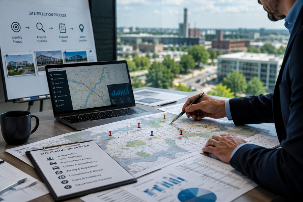 Businessman viewing property floor plan on tablet indoors