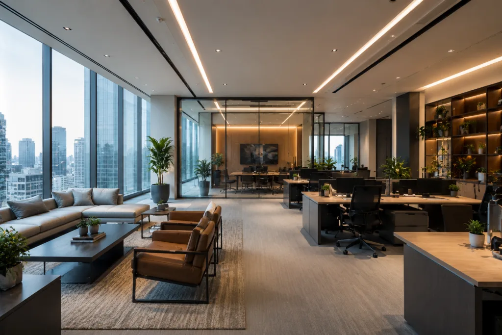 Modern lounge area inside upscale commercial office suite