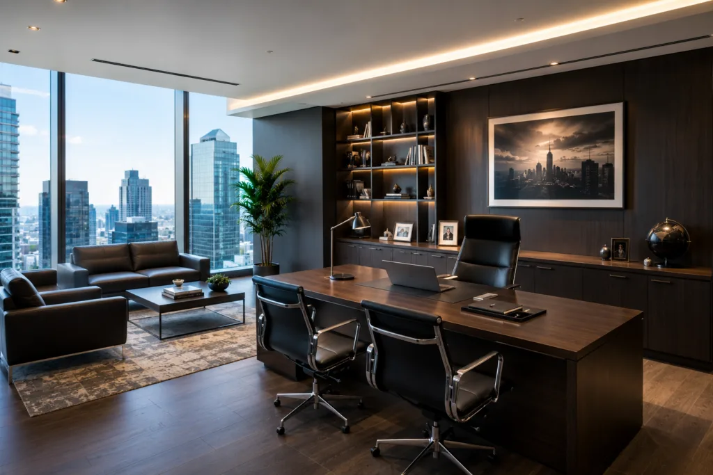 Executive office interior with city skyline view and desk