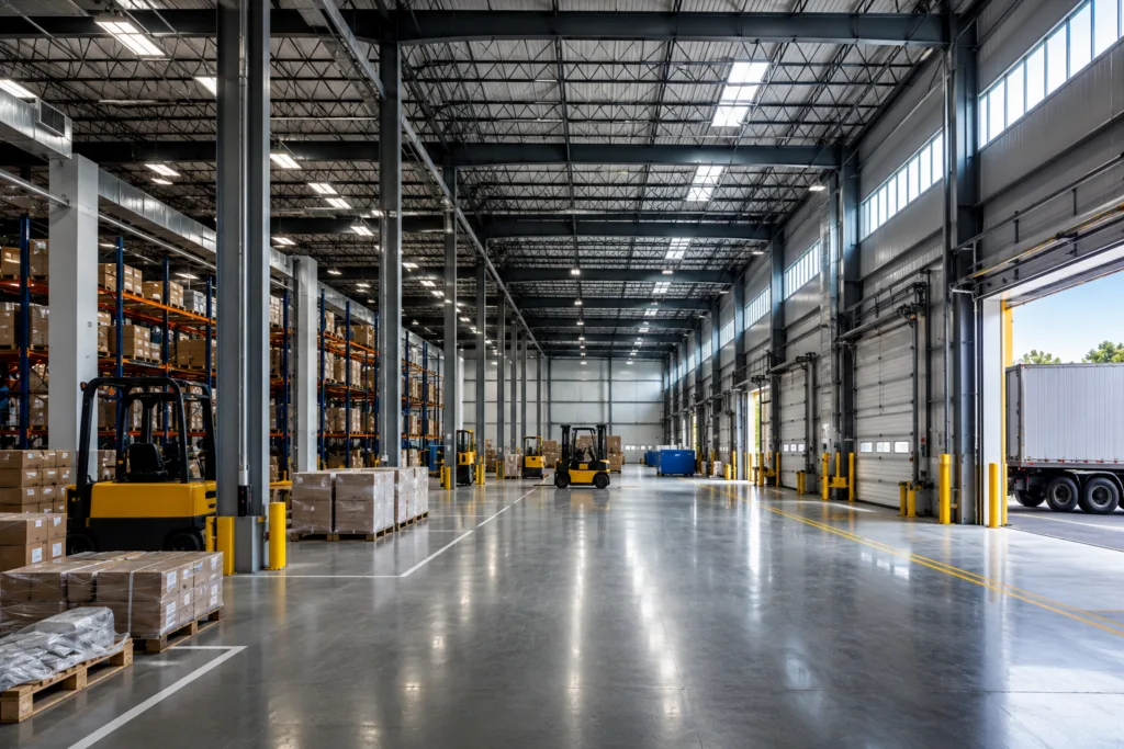 Interior of spacious industrial warehouse with polished concrete floor