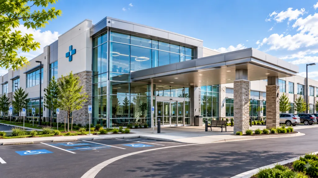 Medical office building exterior with accessible entrance
