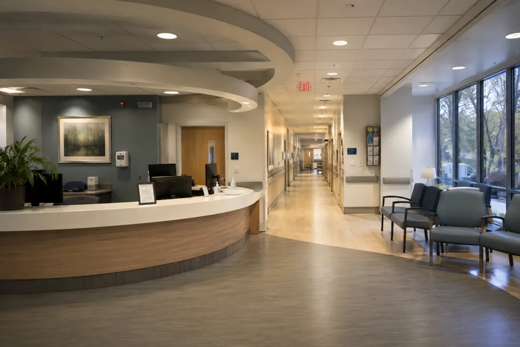 Bright hallway and reception desk inside healthcare facility