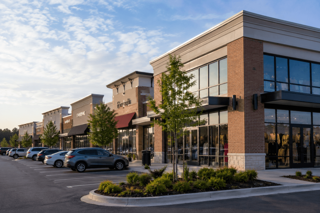 Retail strip center with storefronts and parking
