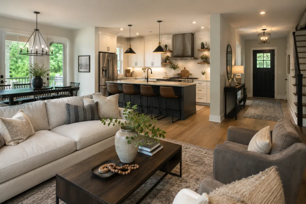 Modern open-concept kitchen and living room interior design