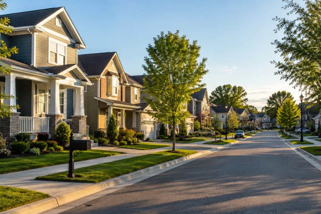 Suburban residential street with tree-lined homes in Michigan