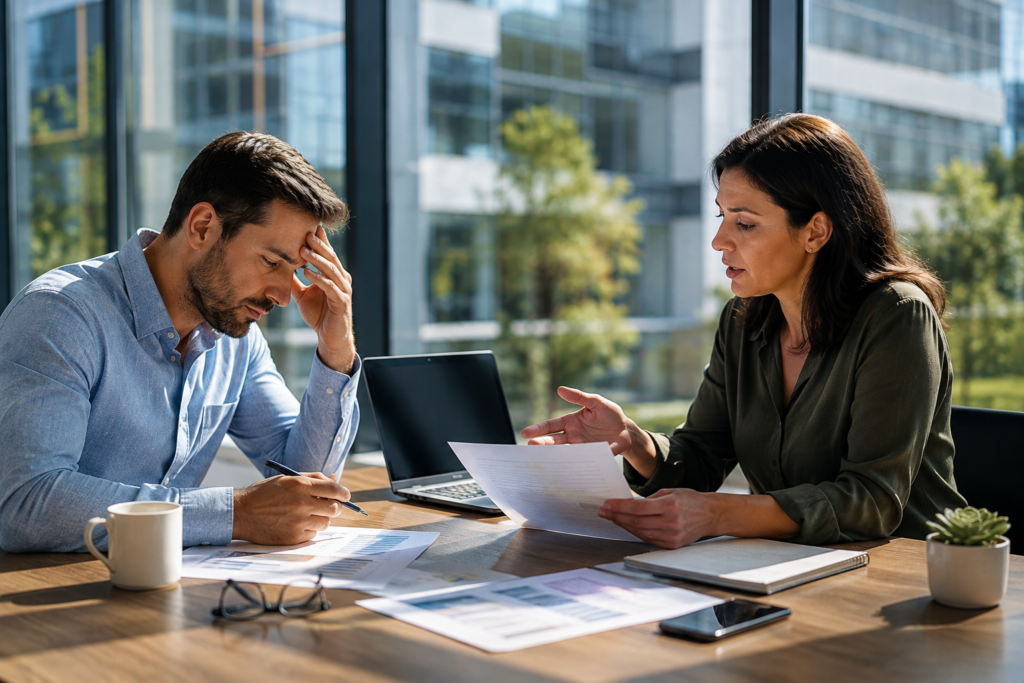 Property manager reviewing documents with client at office desk