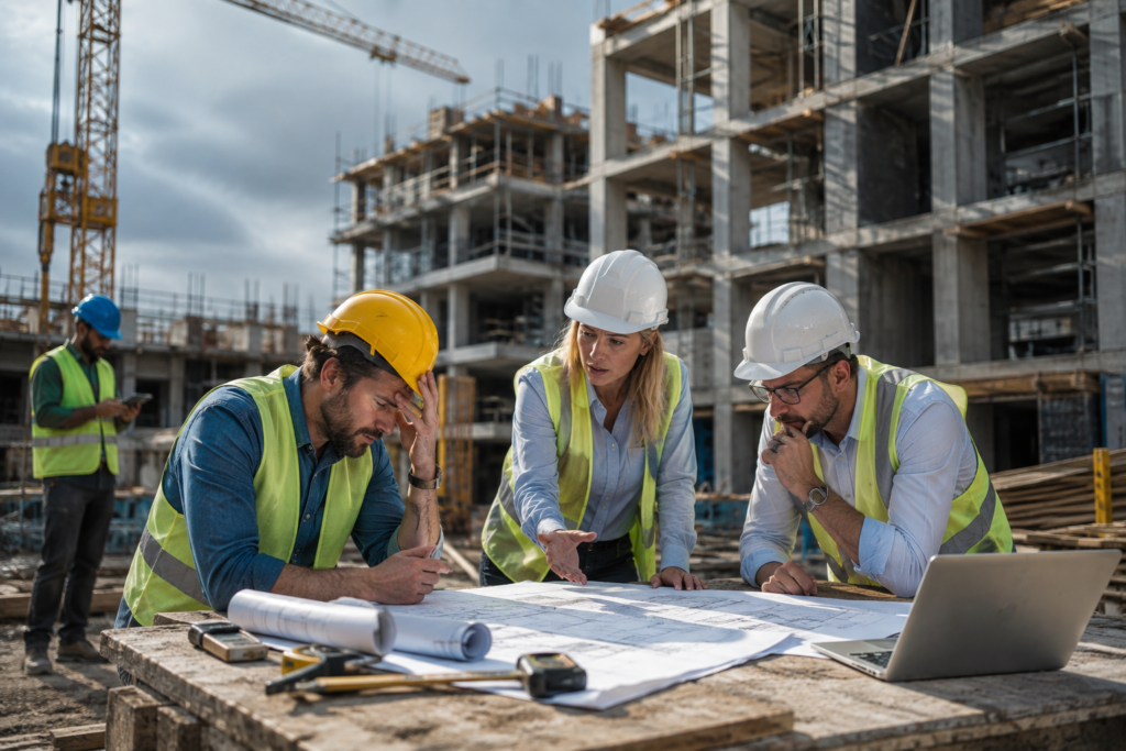 Construction team in hard hats reviewing blueprints at building site